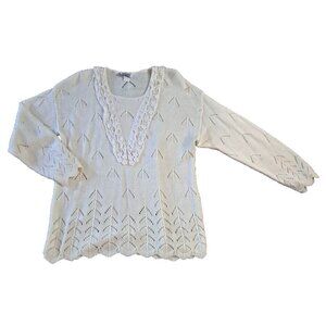 VTG Womens Bright Lights Crochet Neck Sweater White Cottage Cozy Retro 90s XL